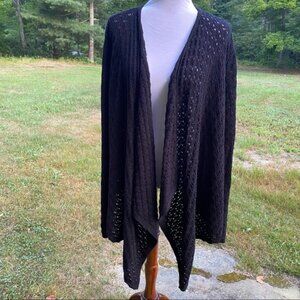 JOHNNY WAS SWEATER CARDIGAN BLACK OPEN FRONT LONG SLEEVE OPEN KNIT COTTON SIZE L